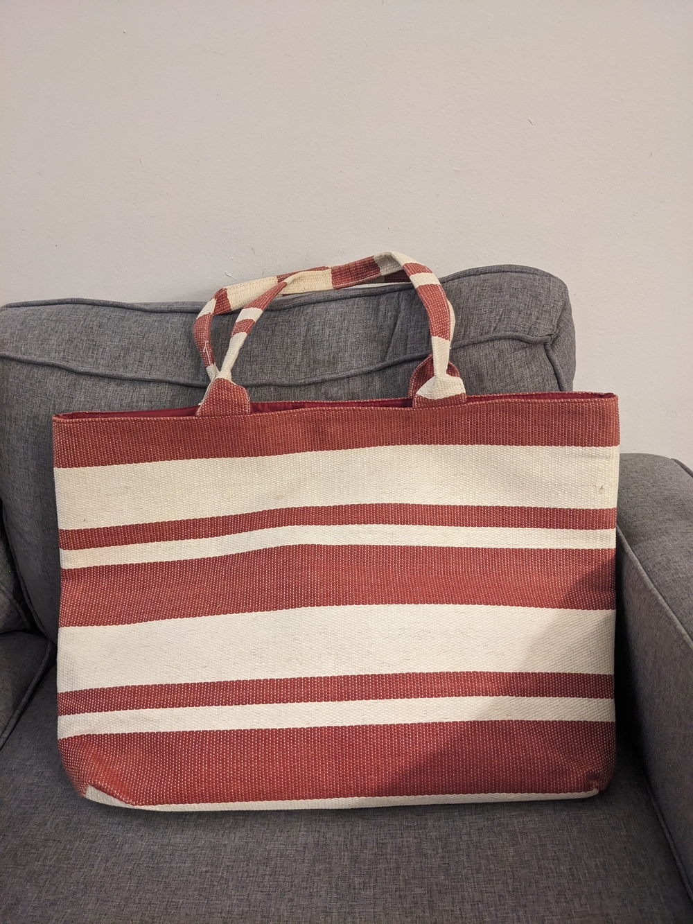 Striped Red and Cream Canvas Beach Bag | Striped Oversized Tote